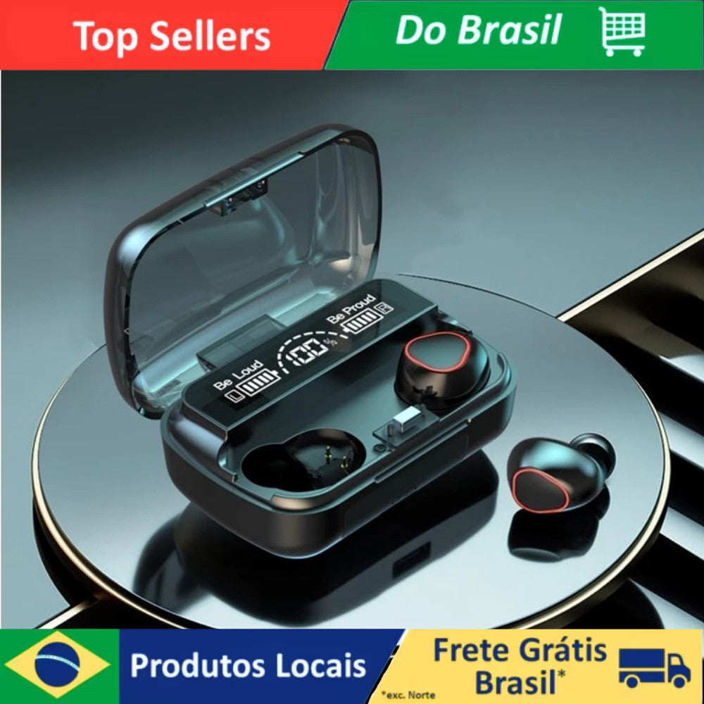 Fone de Ouvido Bluetooth 5.1 com Case LED Digital – À Prova D'água, Graves Potentes, Bateria Longa, Touch Control