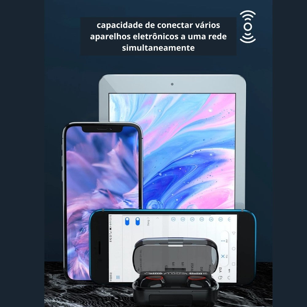 Fone de Ouvido Bluetooth 5.1 com Case LED Digital – À Prova D'água, Graves Potentes, Bateria Longa, Touch Control